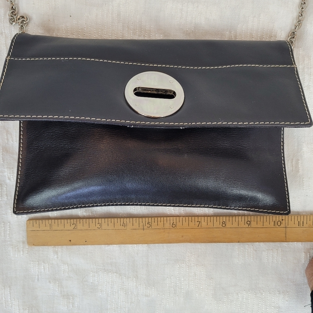 ili New York small black leather envelope clutch silver clasp chain strap edgy - Picture 4 of 9